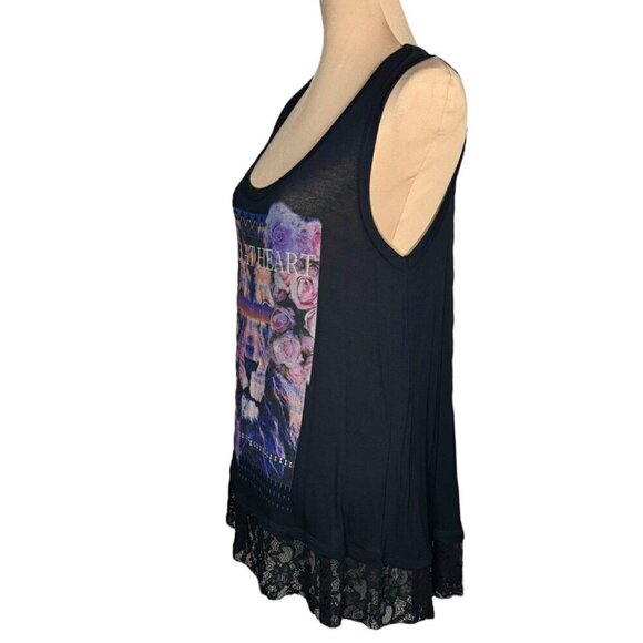 NWT HIP Black Graphic Tee T-Shirt Sz. L Sleeveless Lace Flowers Lion Goth - Picture 6 of 11